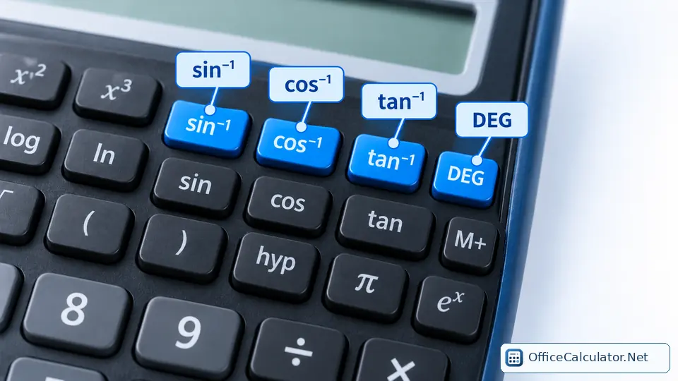 Highlighted inverse sine cosine tangent and DEG scientific calculator controls