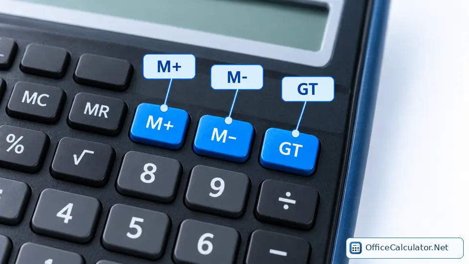 Calculator memory and grand total keys M plus M minus and GT highlighted