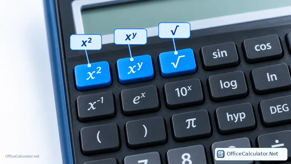 Scientific calculator x squared, x to the power of y and square-root keys