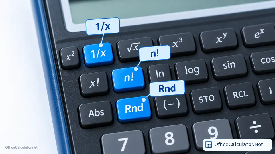 Scientific calculator reciprocal factorial and round function keys